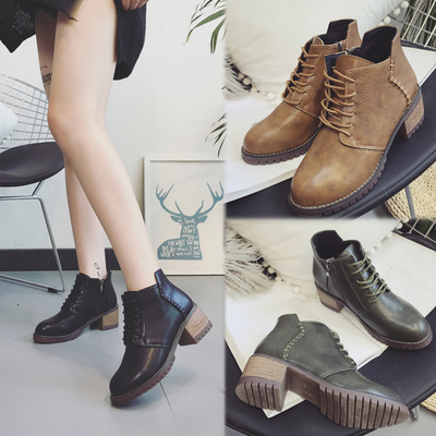 柔美名媛2017秋冬新款马丁靴女英伦风切尔西粗跟短靴中跟复古靴子