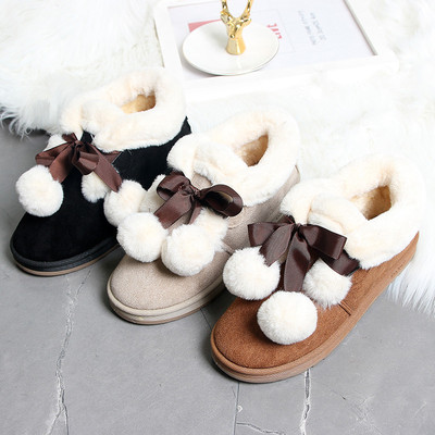 法琪莎2019秋冬新款百搭厚底防滑短靴子加绒面包毛球雪地靴女棉鞋