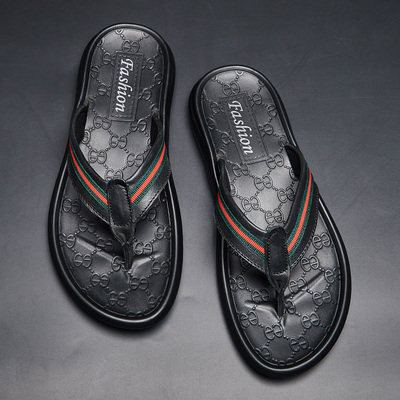 人字拖鞋男夏潮流韩版个性真皮拖鞋男时尚外穿软底防滑沙滩拖鞋男