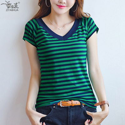 2件69元】2019夏季新款短袖T恤女条纹上衣V领半袖大码打底衫体恤