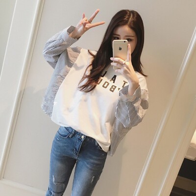 条纹衬衫拼接长袖t恤女外穿春季打底上衣服韩版潮宽松学生蝙蝠衫