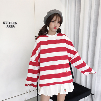 夏装新款韩版原宿风百搭宽松长袖条纹T恤女圆领上衣打底衫学生潮