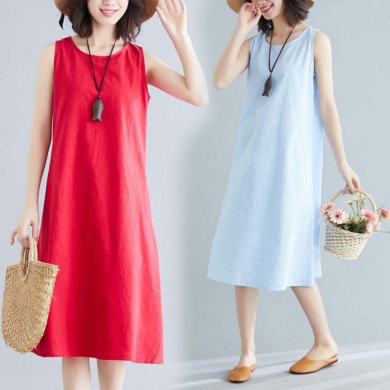 实拍现货2019年夏季新款无袖纯色棉麻文艺大码宽松连衣裙子显瘦|msdalam kategori Butik wanita / wanita, wanita saiz besar - dari Buy2taobao.com untuk memberikan perkhidmatan ejen Taobao profesional membeli