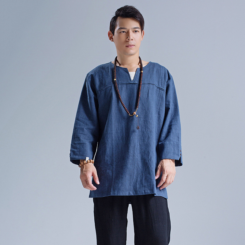 2019 Spring new pattern Easy leisure time Ethnic style Men's Flax Long sleeve Solid V. Color matching jacketin the Men's clothing, T-shirt category - from Buy2taobao.com to provide professional Taobao agent buy service