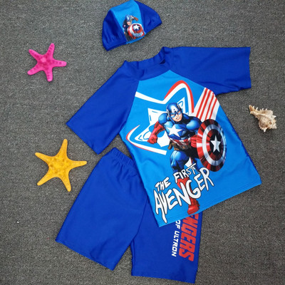 包邮防晒儿童泳衣男童分体平角裤男孩中大童泳装带泳帽温泉游泳衣