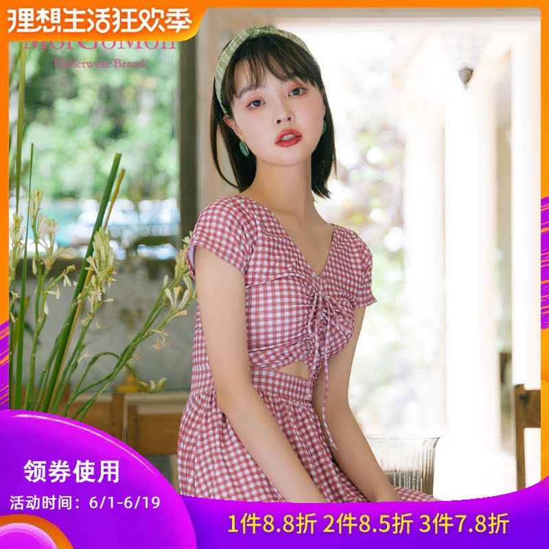 MORGOMON泳衣女2019新款格子连体裙式遮肚度假温泉游泳衣SY0421|ruв категории движение/йога/фитнес/фанаты товаров, плавание, сдельный купальник - от Buy2taobao.com для оказания профессиональной услуги покупки агента Taobao