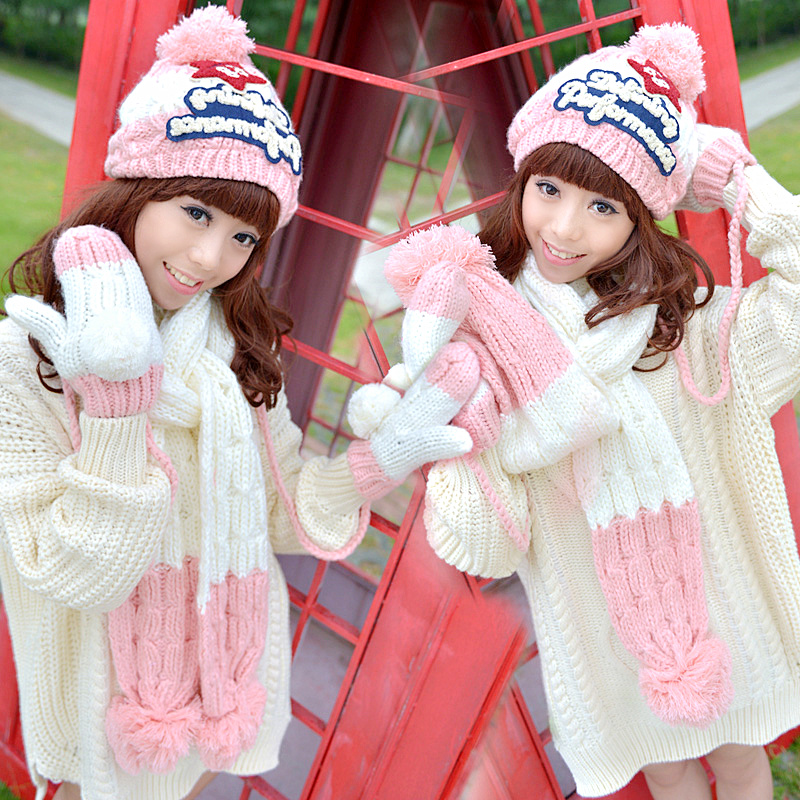 冬季韩版毛线帽子围巾手套三件套女保暖加绒加厚一体套装生日礼物