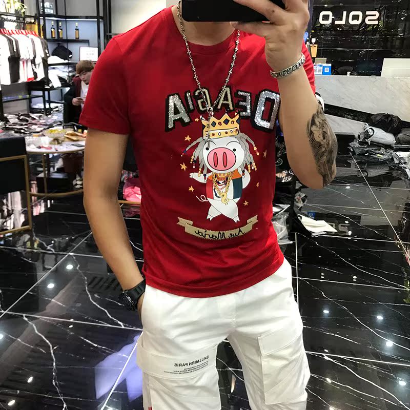 2019夏季新款修身珠片刺繡絲光棉短袖T恤在類目 男裝, T恤中 - 來自Buy2taobao.com提供專業的淘寶代購服務