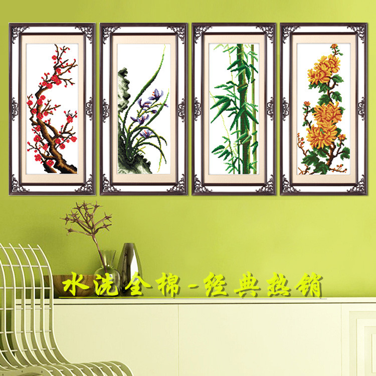 Vertical version Merlin, bamboo and chrysanthemum Four gentlemen spring, summer, autumn and winter Classic big Embroidery Cross-stitch finished Washed cottonin the Home Fabric , Stitch & Tools Accessories , Cross-stitch finished category - from Buy2taobao.com to provide professional Taobao agent buy service