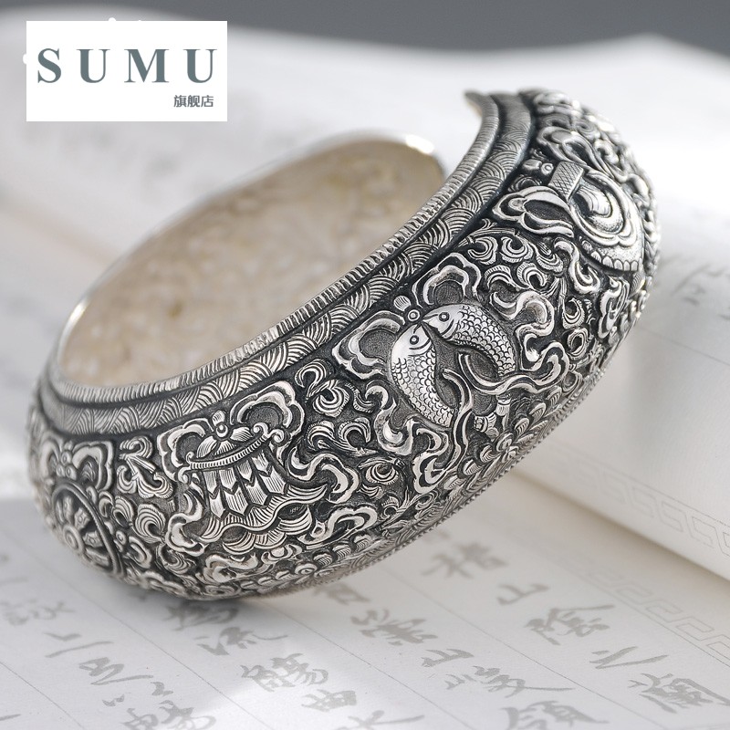 Xiangyin Habitat S999 Foot Silver Yunnan Silver Snowflake Retro manual relief three-dimensional The Zang or Tibetan people Eight Auspicious Silver braceletin the Accessories/Fashion Jewelry, Bracelet category - from Buy2taobao.com to provide professional Taobao agent buy service