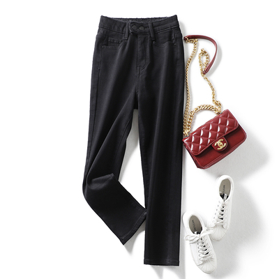 高性价比~腰部也加绒~保暖加厚弹力修身显瘦黑色牛仔八分裤女靴裤