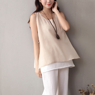 夏季双层棉麻打底吊带背心文艺无袖坎肩中国风纯色宽松大码女装