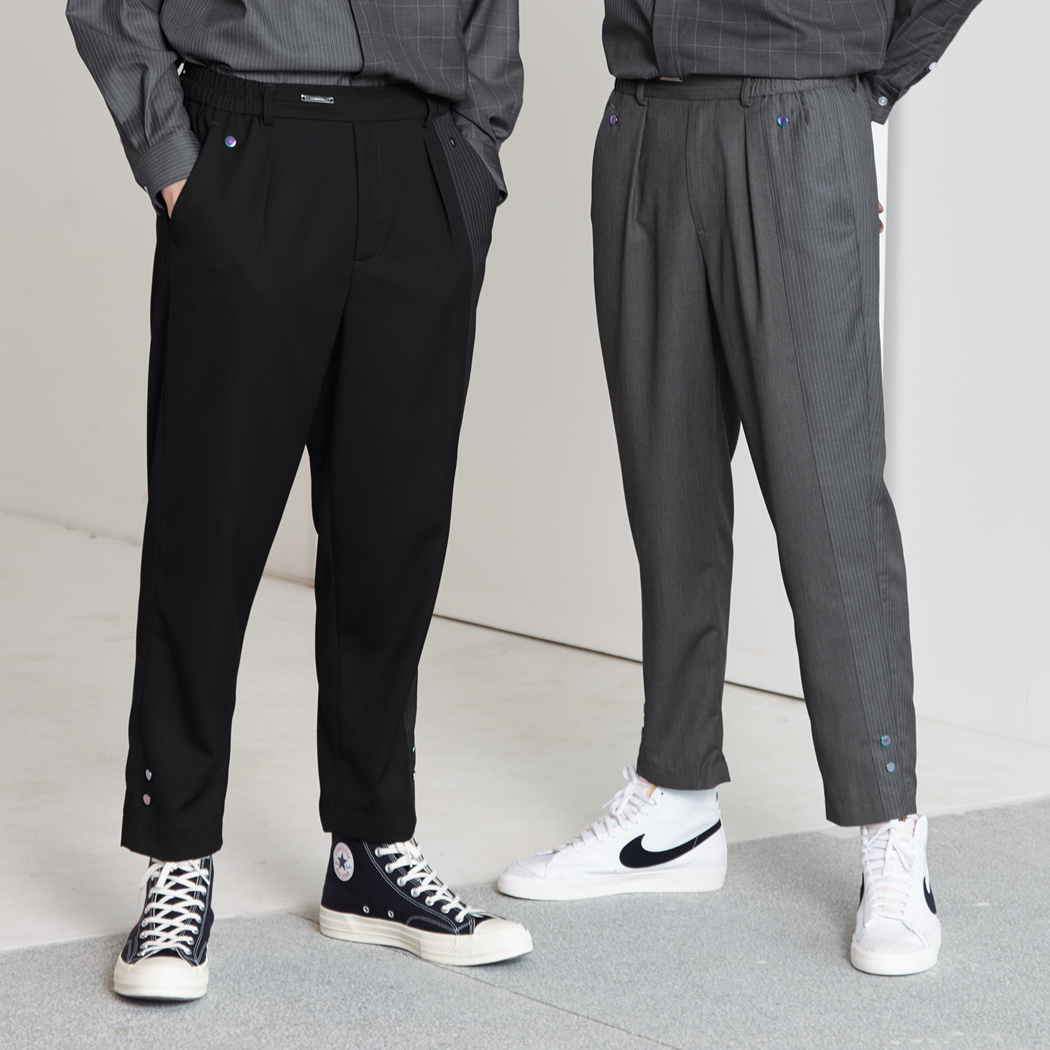 Unawares SS19 條紋鑲嵌彩虹扣西褲 黑色在類目 男裝, 休閒褲中 - 來自Buy2taobao.com提供專業的淘寶代購服務