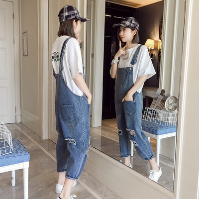 春夏装2018新款背带裤韩版破洞牛仔裤女百搭显瘦学生九分连体裤潮