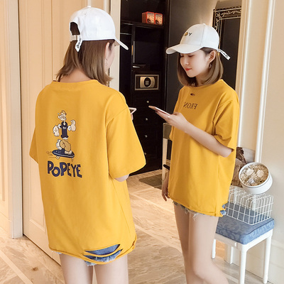 春装2018新款破洞T恤短袖女圆领韩版卡通上衣宽松百搭学生半袖潮