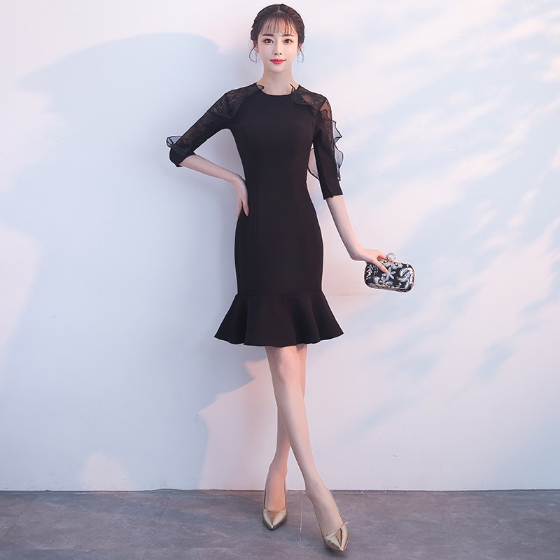 宴会晚礼服女2018新款黑色修身显瘦鱼尾洋装中袖小礼服裙名媛短款在类目 女装/女士精品, 婚纱/旗袍/礼服, 礼服/晚装中 - 来自Buy2taobao.com提供专业的淘宝代购服务