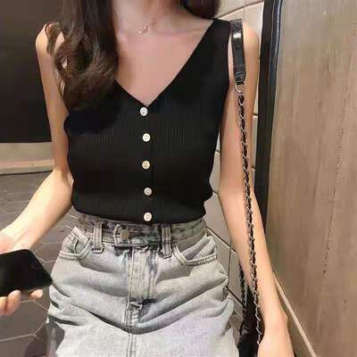 春夏冰丝针织纽扣吊带背心女韩版宽松洋气内搭打底无袖外穿薄上衣