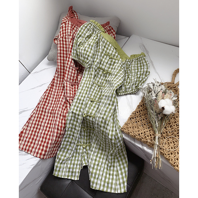 文艺复古一字领格子小清新修身百搭连衣裙女时尚新款休闲洋气G@13