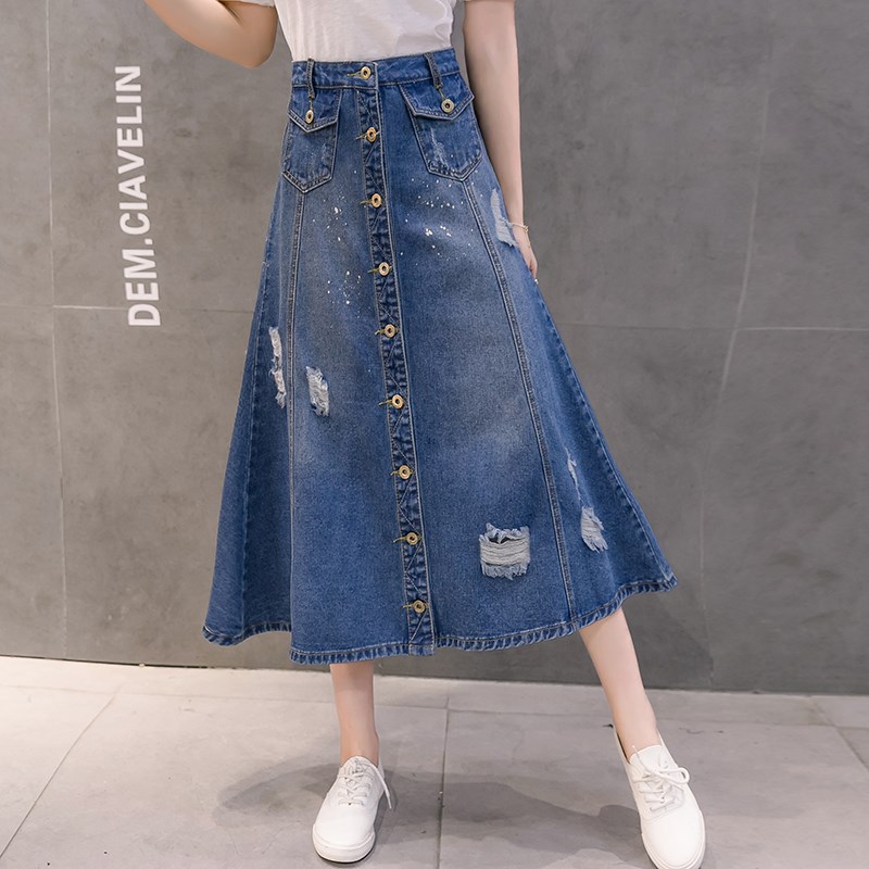 2018韓版漆點顯瘦牛仔裙女排扣翻蓋口袋中長裙半包郵新款春裝磨破在類目 女裝/女士精品, 半身裙中 - 來自Buy2taobao.com提供專業的淘寶代購服務