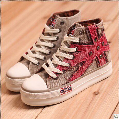 春季新款欧美风米字铆钉<em>高帮帆布鞋女</em> 厚底松