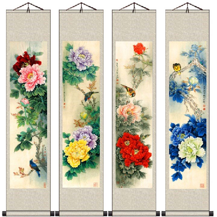 牡丹花工笔画丝绸卷轴画四条屏茶楼壁画卷轴画国画富贵吉祥|ruв категории Домашний быт, декоративная живопись, китайская живопись - от Buy2taobao.com для оказания профессиональной услуги покупки агента Taobao