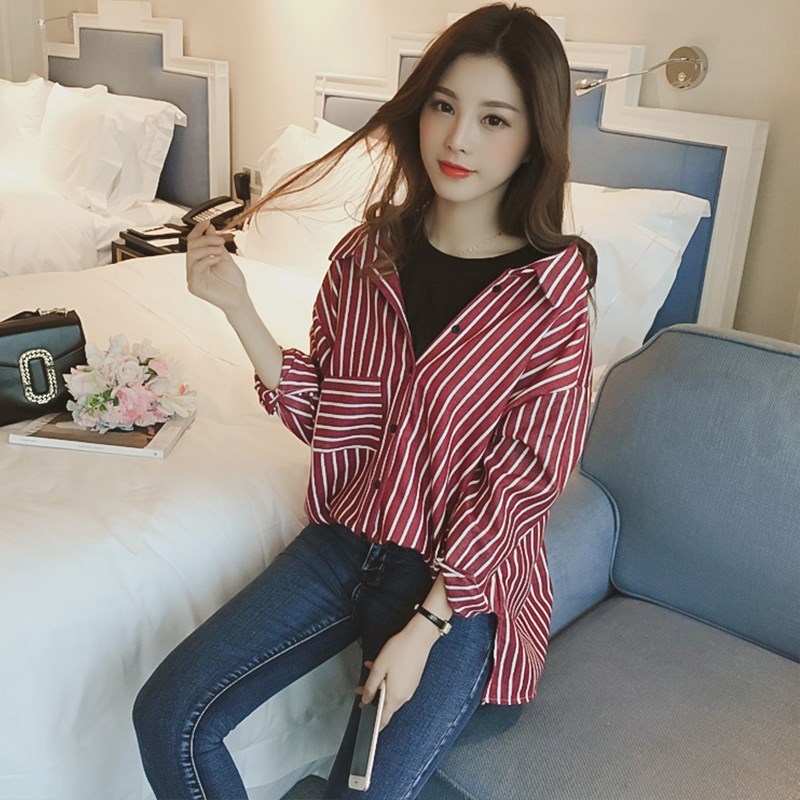 2018早春新款韩版宽松假两件上衣女百搭长袖休闲衬衫春季条纹衬衣|ruв категории Женская одежда, рубашка - от Buy2taobao.com для оказания профессиональной услуги покупки агента Taobao