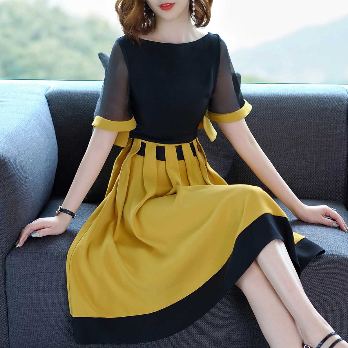 A few extra pounds Women 2019 summer new pattern Hit color Dress MM200 Belly Dress Mid length versionin the Women's clothing/Boutique , Large size women category - from Buy2taobao.com to provide professional Taobao agent buy service