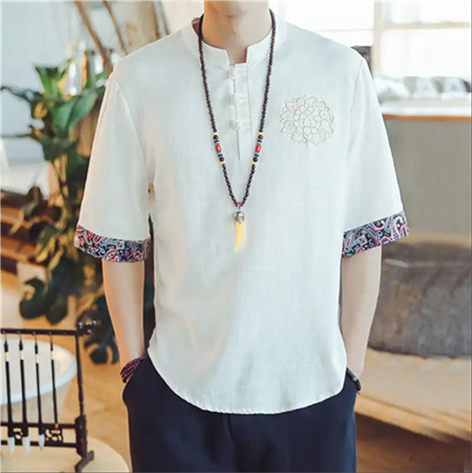 莯芝中國風亞麻半袖短袖T恤男大碼寬松刺繡棉麻上衣莯沫服飾在類目 女士內衣/男士內衣/家居服, 保暖上裝中 - 來自Buy2taobao.com提供專業的淘寶代購服務