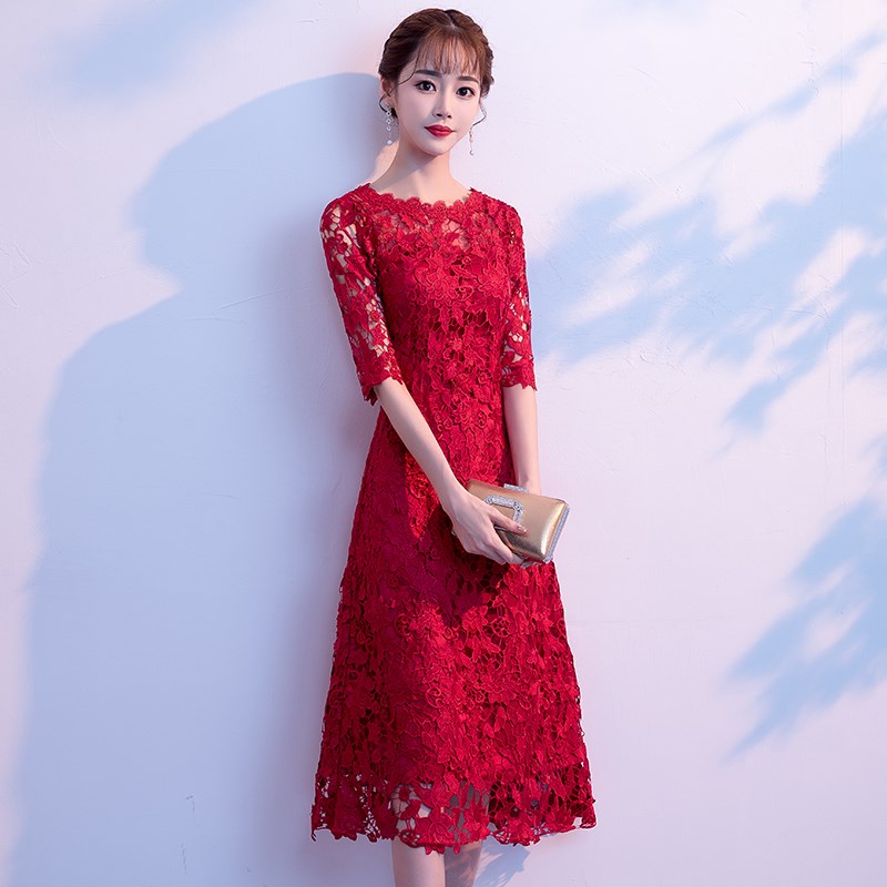 新款敬酒服2019蕾丝春季优雅中袖新娘修身显瘦中长款结婚礼服裙女|msdalam kategori Butik wanita / wanita, perkahwinan/Cheongsam/pakaian, pakaian/malam - dari Buy2taobao.com untuk memberikan perkhidmatan ejen Taobao profesional membeli