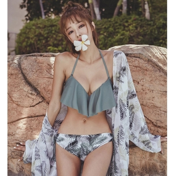 韩国比基尼新款蓝灰色气质荷叶边聚拢显胸泳衣女性感防晒长袖外衫|ruв категории начало ежедневно, защитное оборудование, Другие Сиз - от Buy2taobao.com для оказания профессиональной услуги покупки агента Taobao