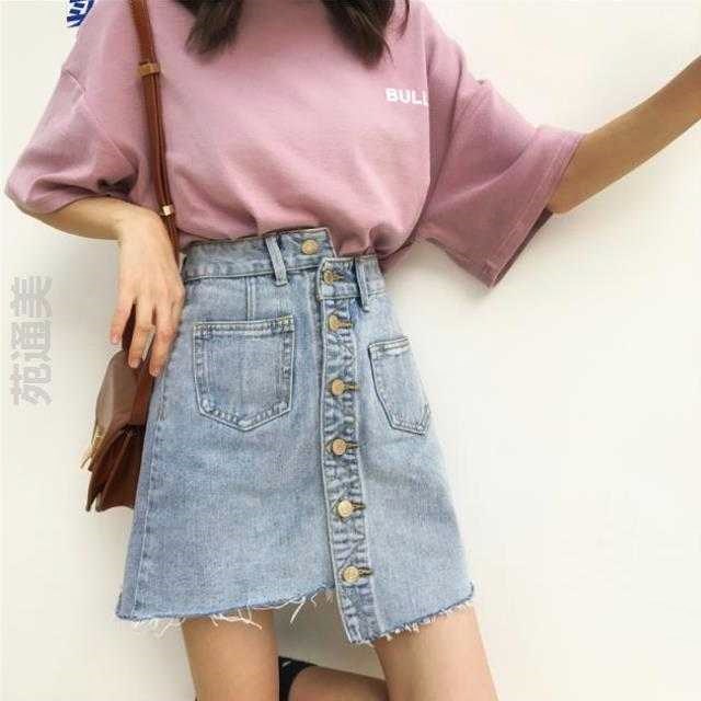 牛仔弹力短裙女A字大码2019夏季新款加大码显瘦胖半身裙高腰扣单|ruв категории Женская одежда, женской одежды - от Buy2taobao.com для оказания профессиональной услуги покупки агента Taobao