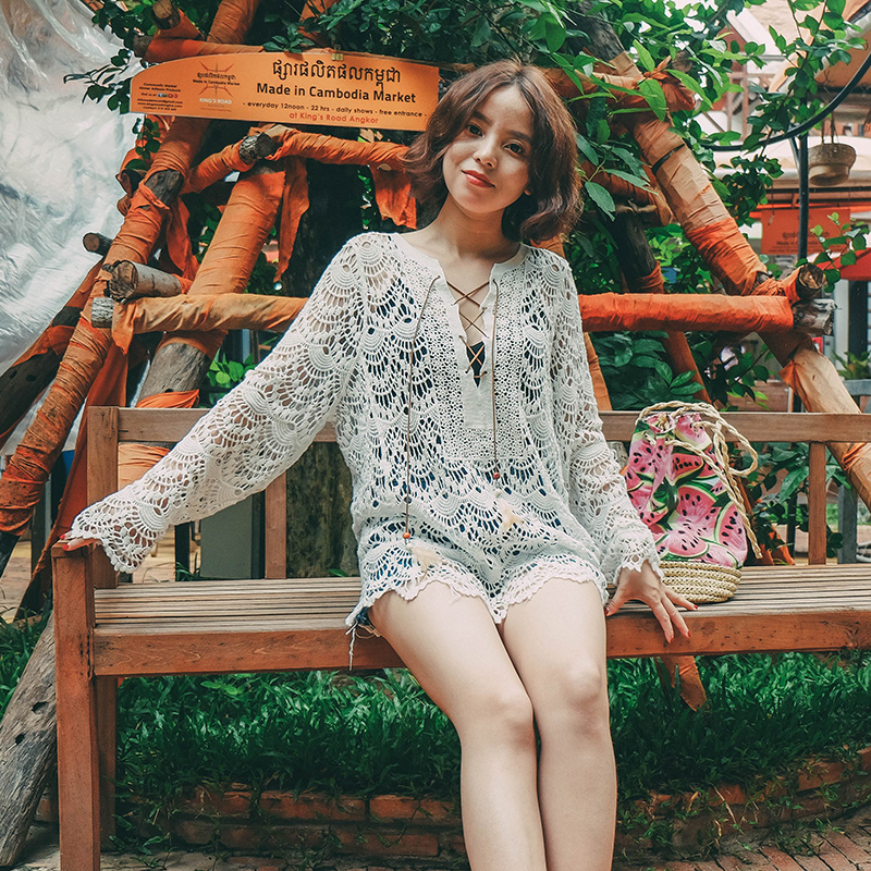 Short Holiday Lace shirt sexy crochet Hollow Frenum Versatile jacket Long sleeve Embroidery Bikini Solid Burqain the Women's clothing/Boutique , Lace shirt/Chiffon shirt category - from Buy2taobao.com to provide professional Taobao agent buy service