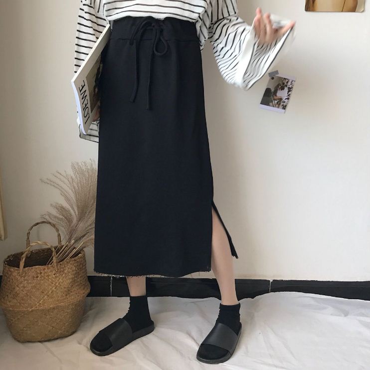 韓版夏裝複古百搭松緊綁帶高腰中長款純色測開叉半身裙女學生裙子在類目 女裝/女士精品, 半身裙中 - 來自Buy2taobao.com提供專業的淘寶代購服務