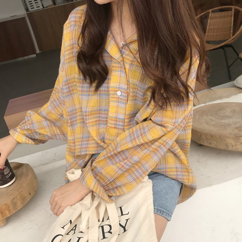 Smell Lapel lattice shirt summer 2019 new pattern Women's wear Korean Edition student Sunscreen shirt Easy Versatile jacketin the Women's clothing/Boutique , Shirt category - from Buy2taobao.com to provide professional Taobao agent buy service