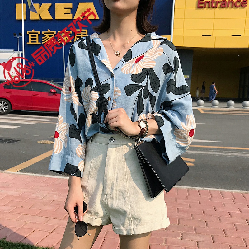 chic复古印花翻领衬衫春季女2019新款韩版宽松显瘦九分袖衬衣上衣在类目 女装/女士精品, 衬衫中 - 来自Buy2taobao.com提供专业的淘宝代购服务