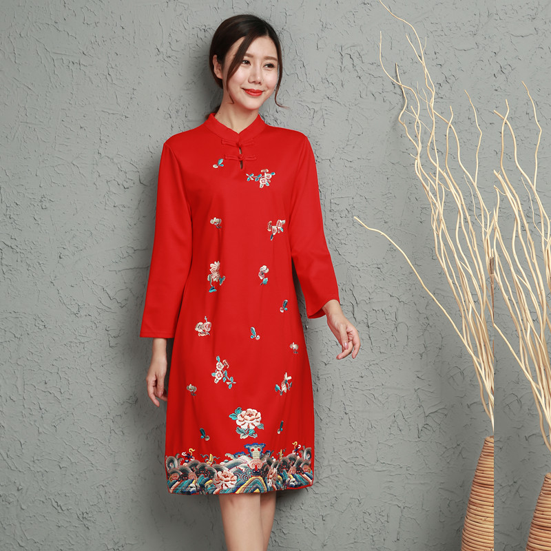 spring and autumn Nylon Elastic force Nine points sleeve Retro Embroidery Dress Ethnic style Women's wear Chinese style cheongsam skirt 1862in the Women's clothing/Boutique , Large size women category - from Buy2taobao.com to provide professional Taobao agent buy service