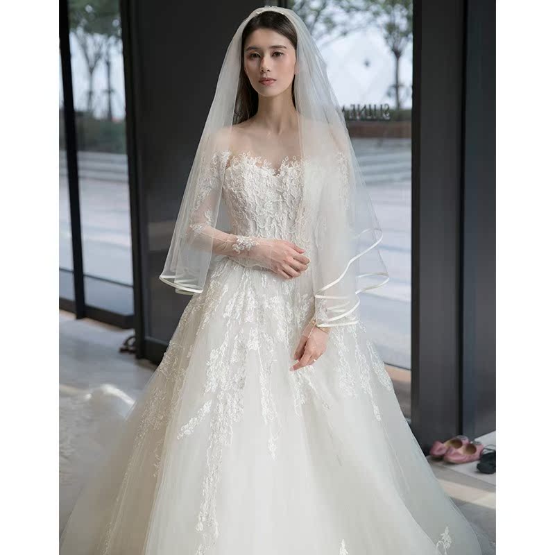 婚纱2019新款长拖尾公主梦幻齐地一字肩赫本轻婚纱礼服新娘长袖女|ruв категории Женская одежда, Cвадебные платья, свадебное платье - от Buy2taobao.com для оказания профессиональной услуги покупки агента Taobao