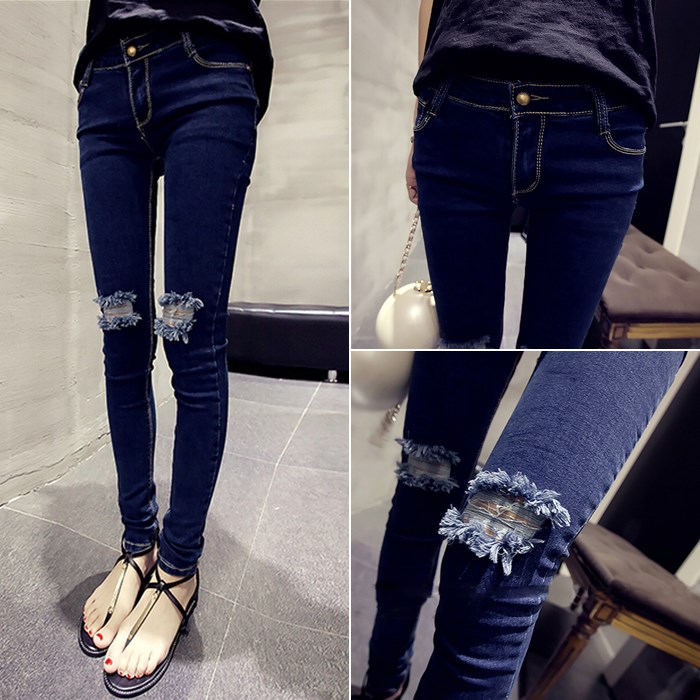 Girls Jeans Feet Korean Edition Loophole Tight fitting College wind trousers student hole washing Show thin Ultra high waistin the Women's clothing/Boutique , Jeans category - from Buy2taobao.com to provide professional Taobao agent buy service