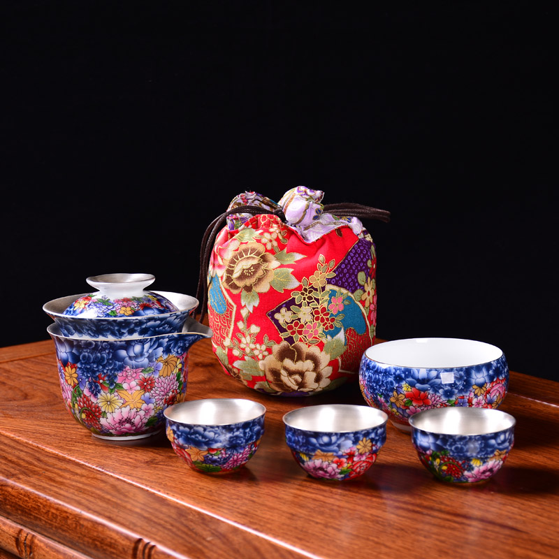 江西景德镇陶瓷茶具镇青花镶银茶具便携旅行陶瓷整套鎏银一壶三杯|ruв категории посуда, чайный сервиз, кунг - Фу, чайный сервиз - от Buy2taobao.com для оказания профессиональной услуги покупки агента Taobao