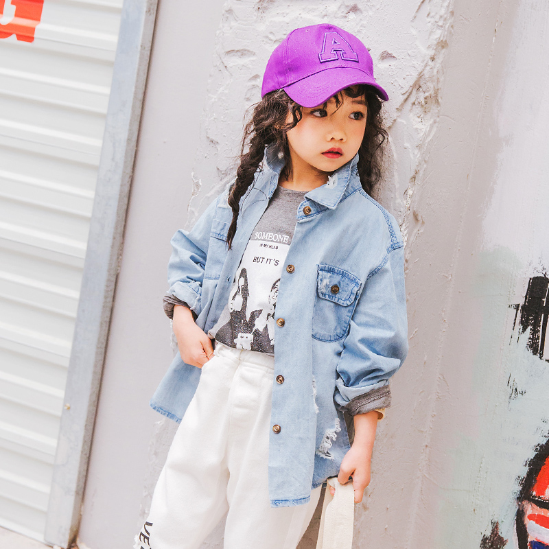 2019春季新品蓝色破洞纯色牛仔衬衫儿童百搭休闲开衫女童牛仔外套|ruв категории Детская одежда, рубашка - от Buy2taobao.com для оказания профессиональной услуги покупки агента Taobao