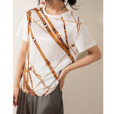 S16291田原~专注精品~17姆米素绉缎真丝拼丝光棉~夏新款短袖t恤女