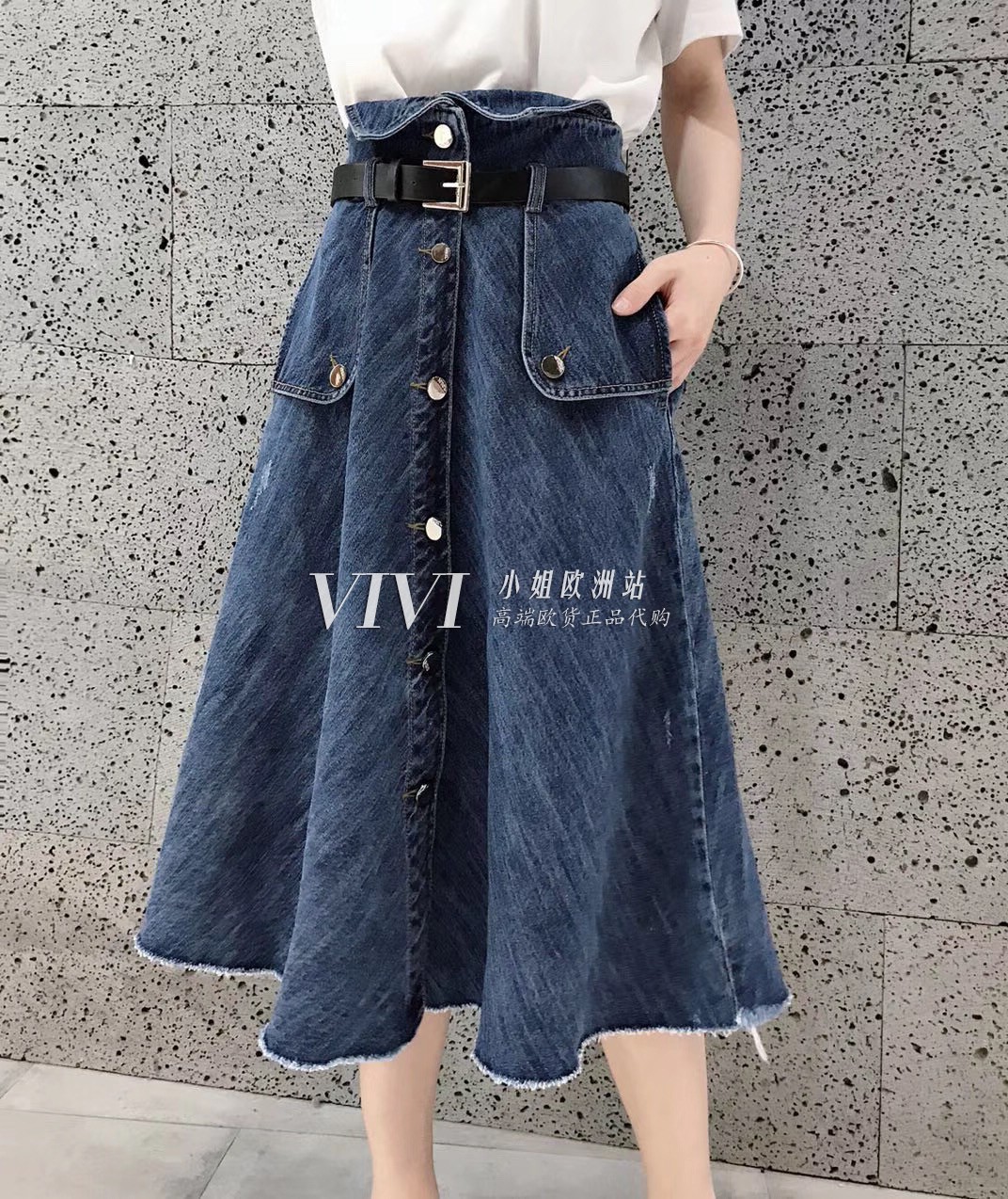 欧洲站2019春季新款欧货潮KUKU洋气百搭显瘦高腰单排扣牛仔半身裙|ruв категории Женская одежда, юбка - от Buy2taobao.com для оказания профессиональной услуги покупки агента Taobao