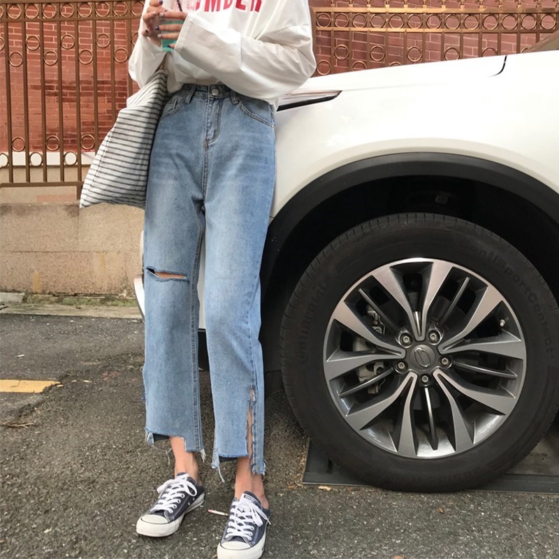 Paige Jeans Korean Edition Trousers Gap Split ends Straight pants student hole Beggar washing Ninth pantsin the Women's clothing/Boutique , Jeans category - from Buy2taobao.com to provide professional Taobao agent buy service