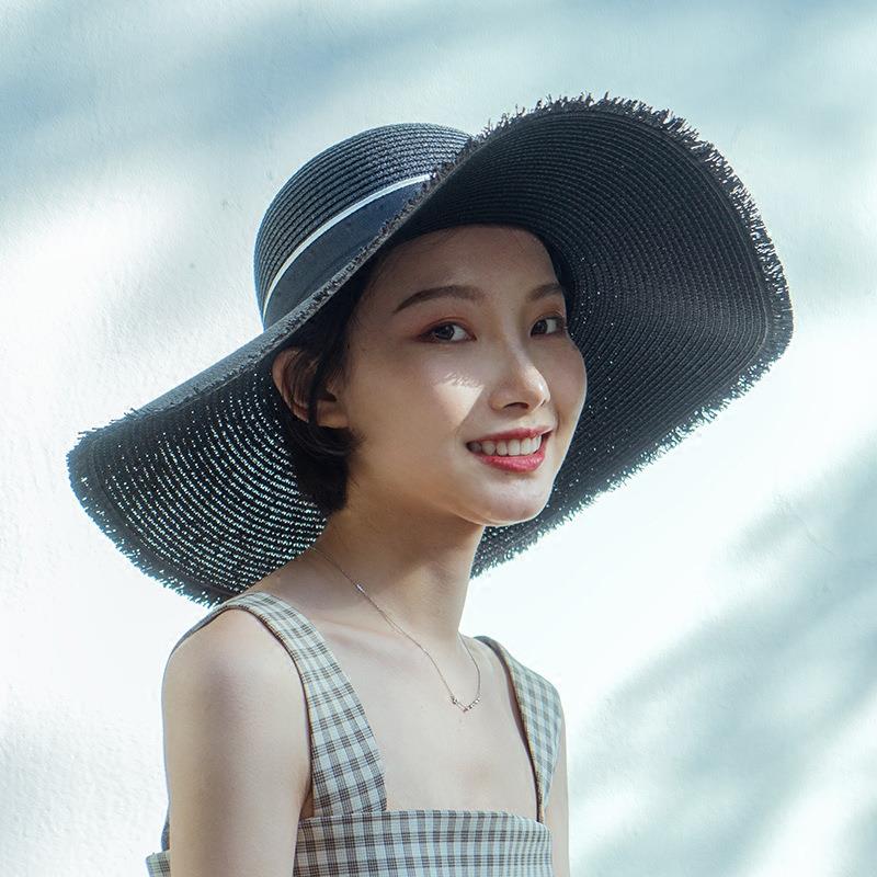韩版黑色大檐草编遮阳帽折叠草帽子女潮女士沙滩防晒帽度假夏百搭|ruв категории Детская одежда, детей аксессуары, шпилька - от Buy2taobao.com для оказания профессиональной услуги покупки агента Taobao