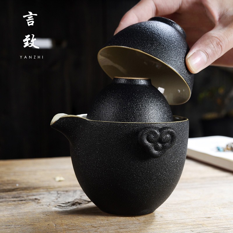 言致 黑陶快客杯一壶二杯粗陶便携家用陶瓷旅行茶具小套复古茶壶|ruв категории посуда, чайный сервиз, кунг - Фу, чайный сервиз - от Buy2taobao.com для оказания профессиональной услуги покупки агента Taobao