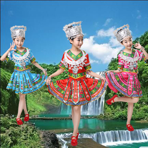 儿童苗族舞蹈演出服装女童少数民族裙族侗族彝