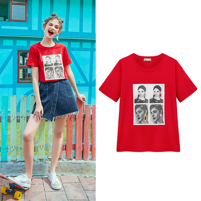 MG小象时尚短袖T恤女装夏季2018新款红色打底衫纯棉衣服印花上衣