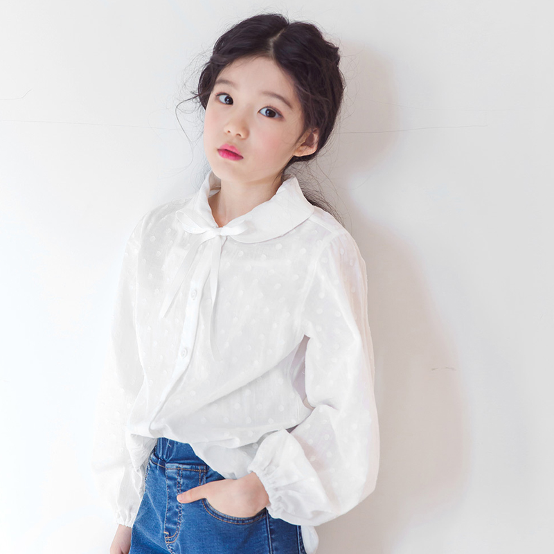 2019女童圆点衬衫 韩版小清新白色长袖泡泡袖彼得潘领纯棉上衣在类目 童装/婴儿装/亲子装, 衬衫中 - 来自Buy2taobao.com提供专业的淘宝代购服务