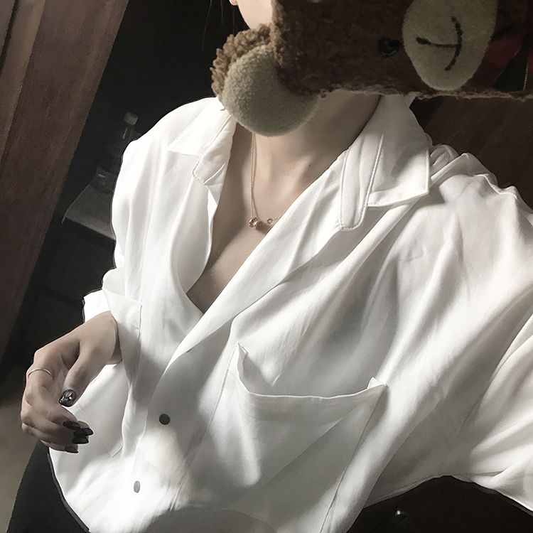 nini 定制!重磅百分百全天丝!宽松小性感长袖白色衬衫衬衣女