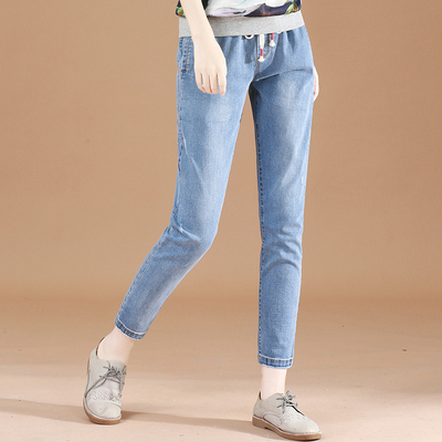 韩潮袭人2019春季新款韩版时尚宽松显瘦松紧腰牛仔裤女直筒九分裤